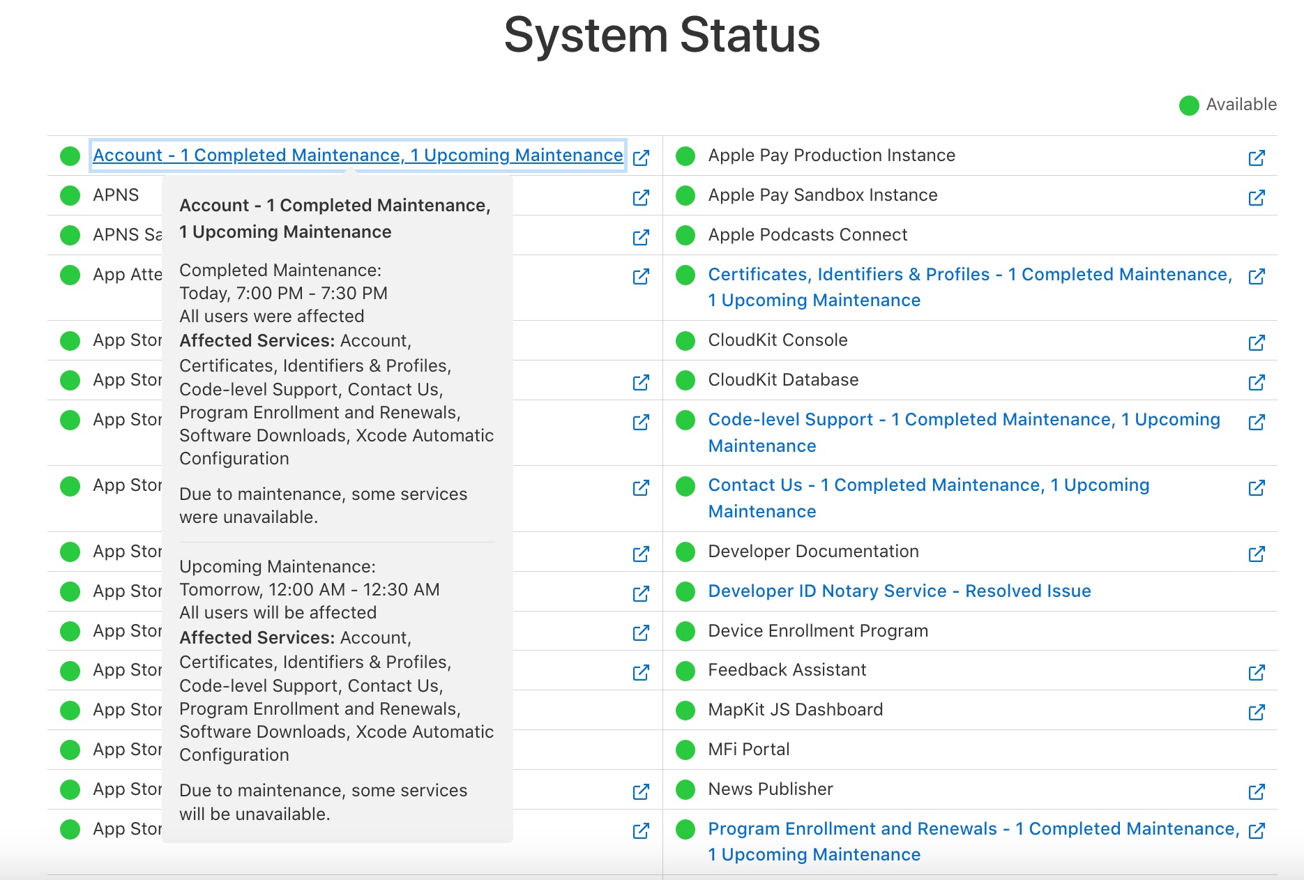 La página de estatus de sevidores dirigida a desarrolladores muestra que hay un mantenimiento en el sistema de cuentas de usuario
