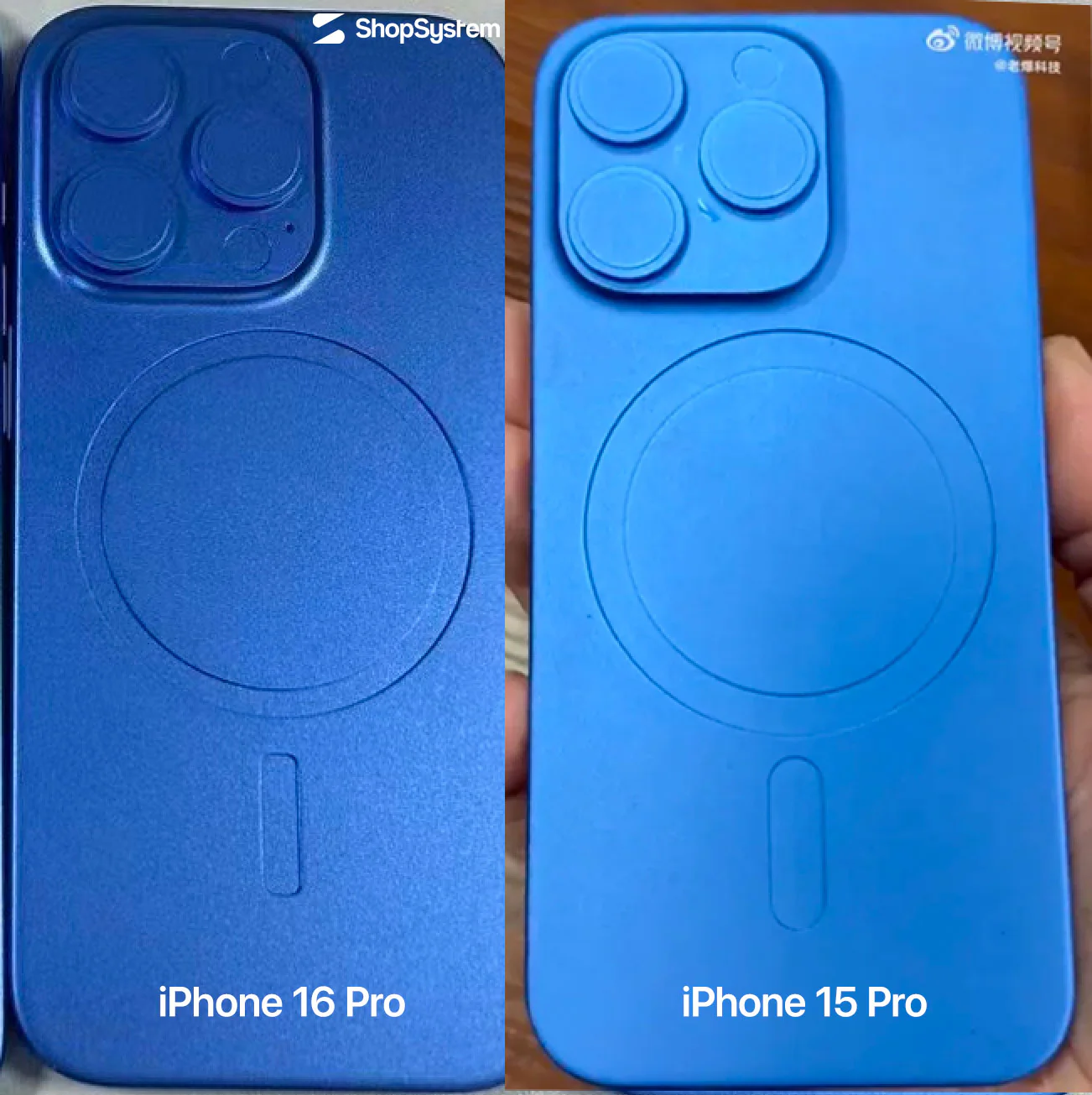 Comparación de la misma maqueta para fundas de un iPhone 15 Pro, comparada con la del supuesto iPhone 16 Pro