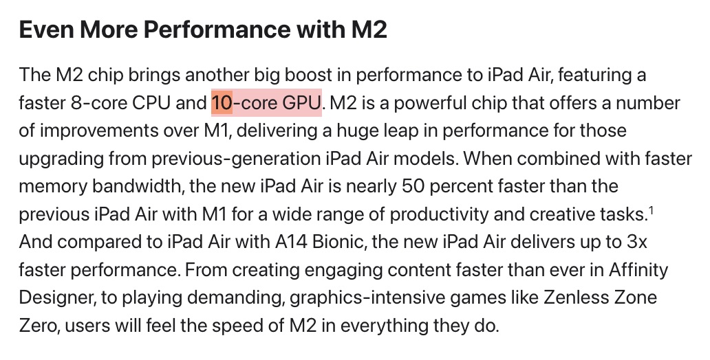 Mención a una GPU de 10 núcleos en la nota de prensa del lanzamiento del iPad Air con M2 de Apple