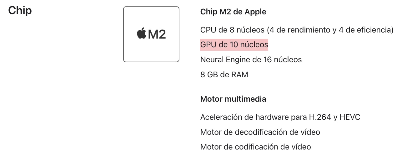 GPU de 10 núcleos del iPad Air con M2 en la web de Apple en España, cuando en realidad tiene un núcleo menos, 9.
