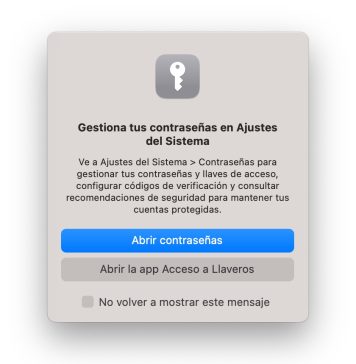 macOS dando a elegir si queremos abrir la antigua Acceso a Llaveros o si queremos gestionar las contraseñas en la Aplicación de Ajustes del sistema