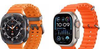 Galaxy Watch Ultra de Samsung a la izquierda, Apple Watch Ultra a la derecha