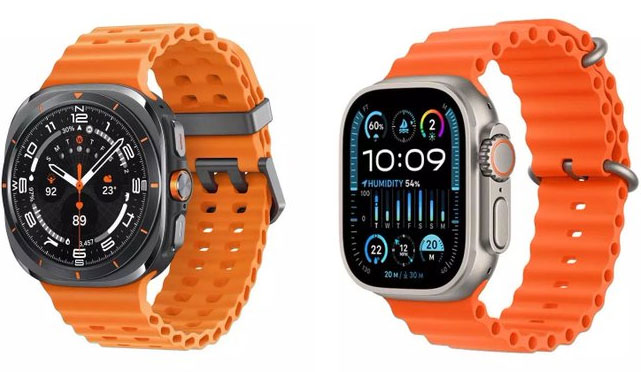 Galaxy Watch Ultra de Samsung a la izquierda, Apple Watch Ultra a la derecha