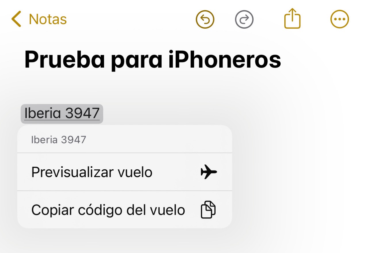 Tras escribir un número de Vuelo en la App de Notas, DataDetection Framework encuentra el dato y lo subraya. Ahí hay algo que ver...