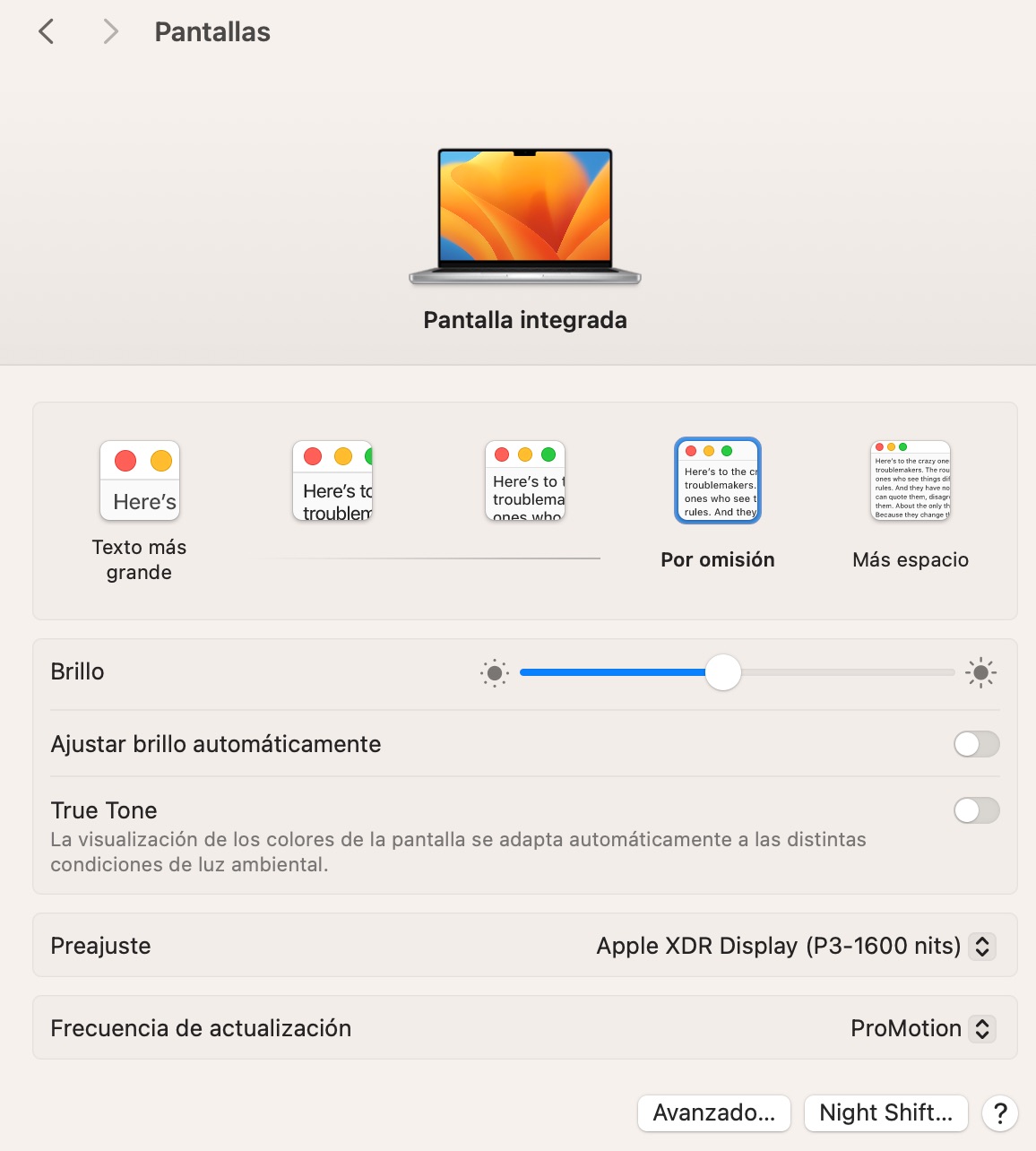 Opciones de escalado de interfaz en la pantalla de un MacBook Pro M3 Pro con macOS Sonoma 14.5 instalado