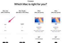 Tabla comparativa mencionando el nuevo Mac mini rediseñado en la web de Amazon en EEUU