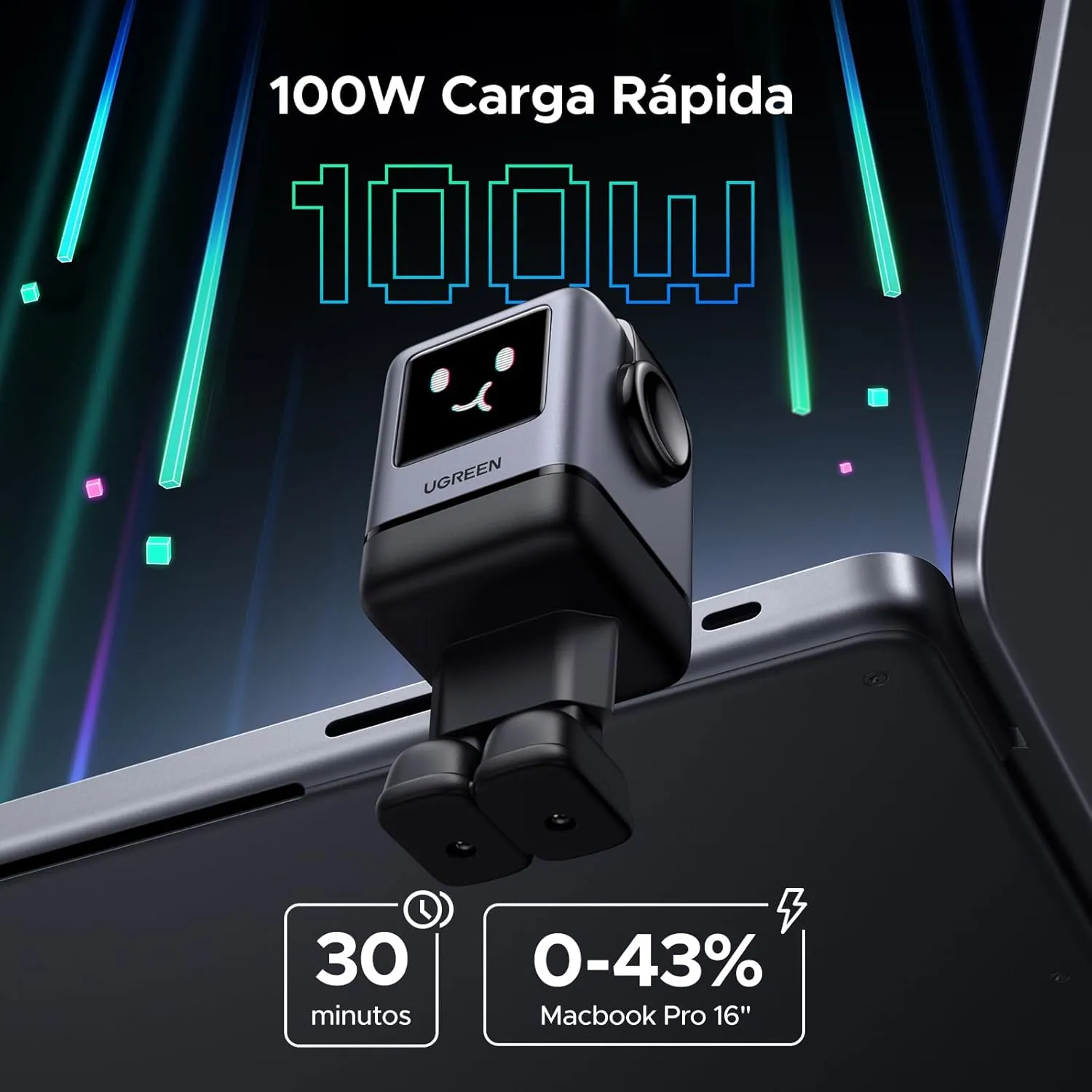 Cargador rápido USB-C UGREEN Uno con pantalla que muestra caras. De verdad, míralo bien. Sabes que quieres uno.