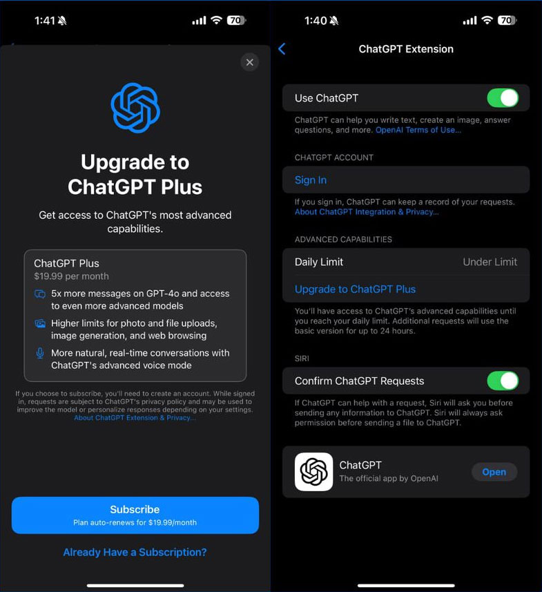Opción de suscripción a las funcionalidades avanzadas de ChatGPT Plus en la App de Ajustes de iOS