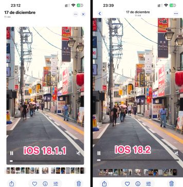 iOS 18.2 reproduce vídeos utilizando todo el ancho de la pantalla desde un primer momento, en lugar de como hace iOS 18.1.1, en donde se requiere de un toque para que el vídeo ocupe toda la pantalla
