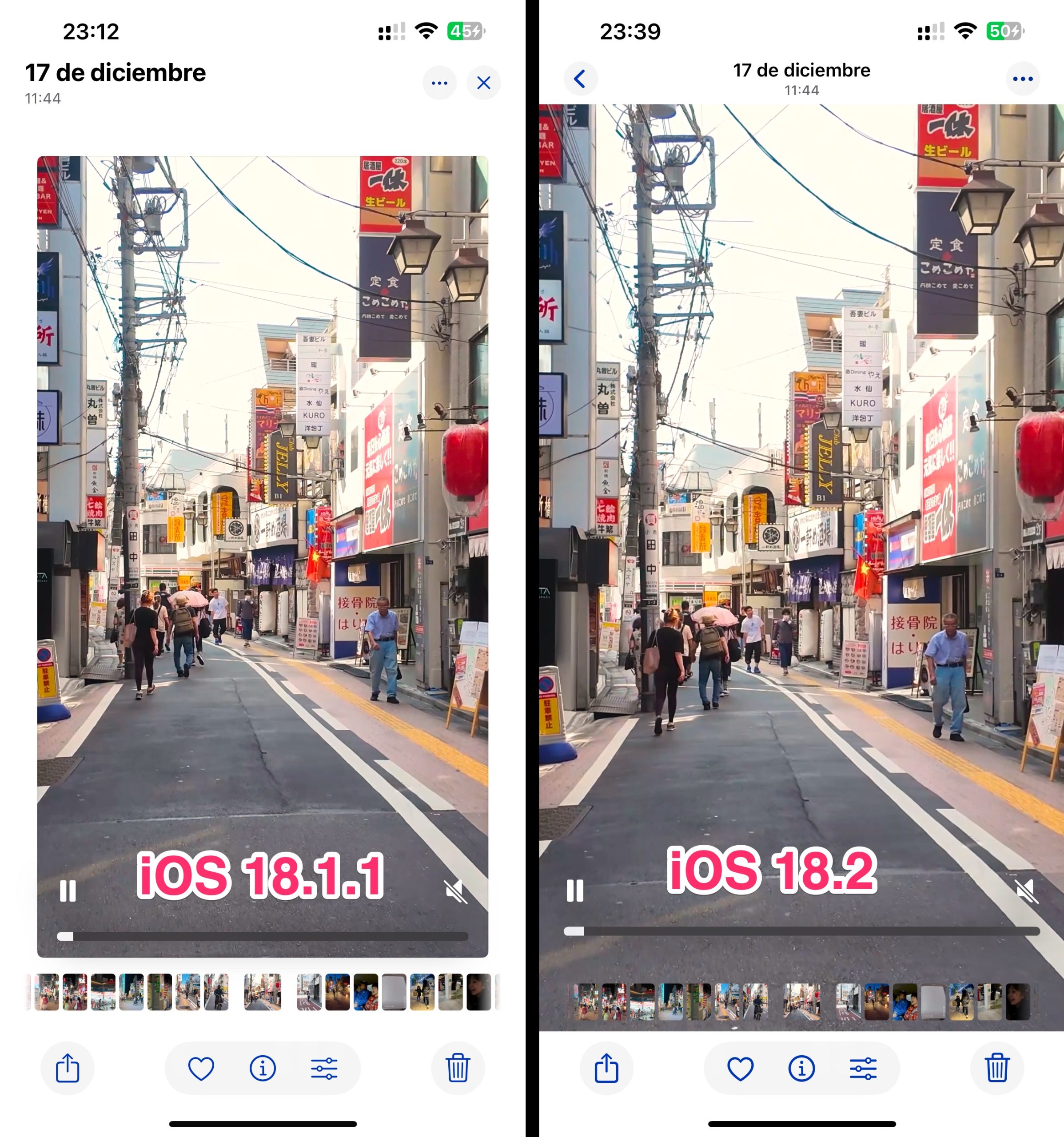 iOS 18.2 reproduce vídeos utilizando todo el ancho de la pantalla desde un primer momento, en lugar de como hace iOS 18.1.1, en donde se requiere de un toque para que el vídeo ocupe toda la pantalla