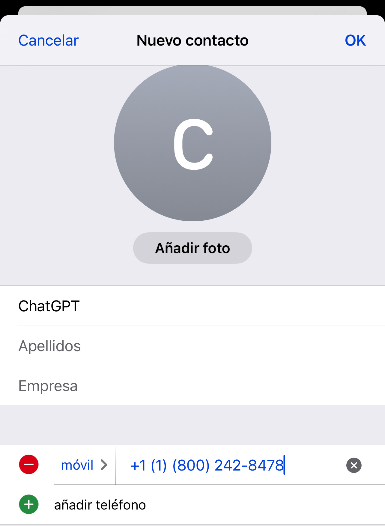 Creando un contacto para ChatGPT