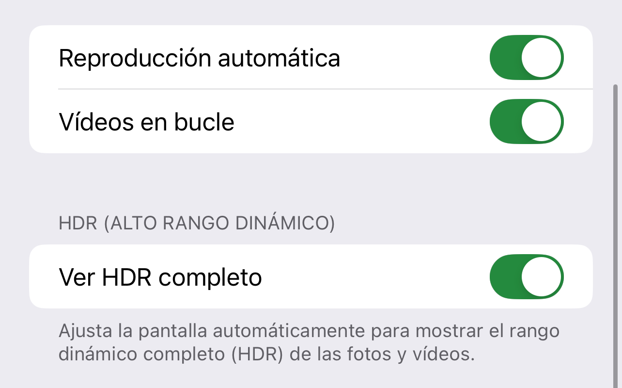 Opción de vídeos en bucle en la sección de la App de Fotos en Ajustes