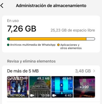 Apartado de administración de almacenamiento de WhatsApp