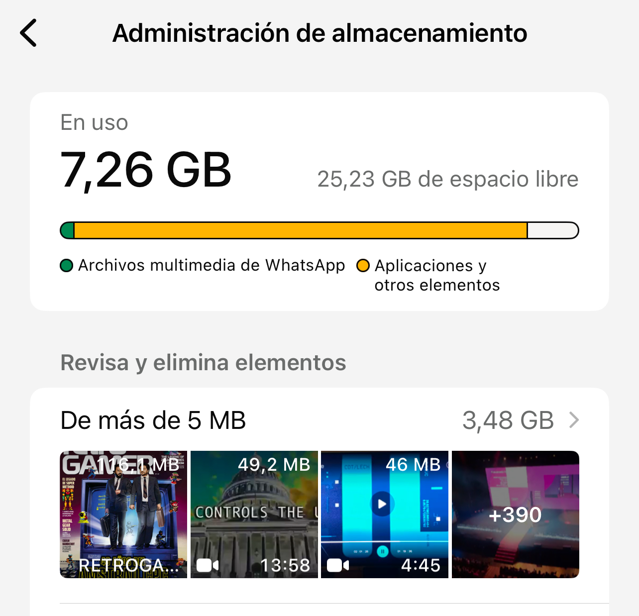 Apartado de administración de almacenamiento de WhatsApp