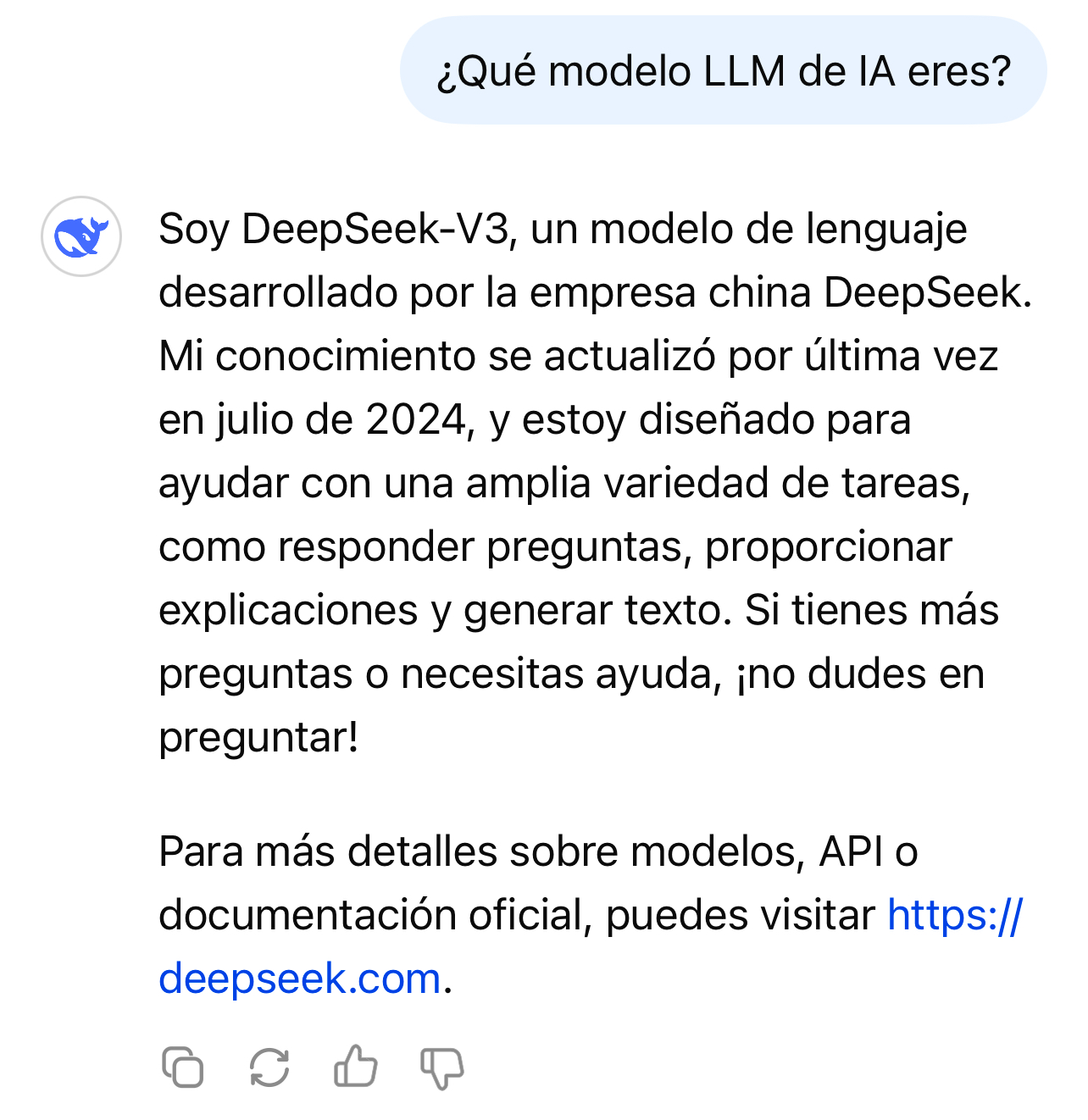 DeepSeek contestando correctamente que es DeepSeek