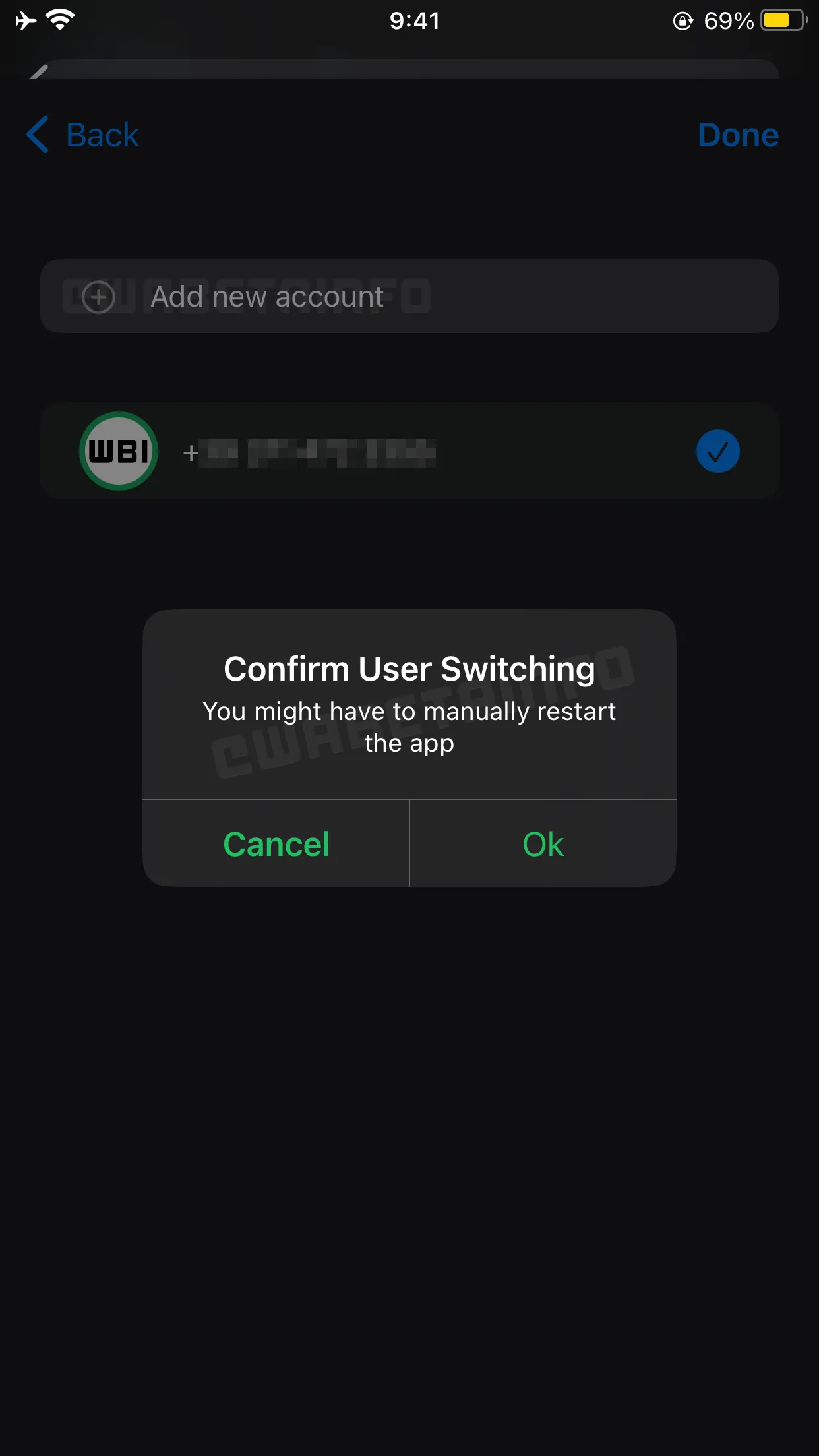 WhatsApp preguntando al usuario si debe cambiar de cuenta