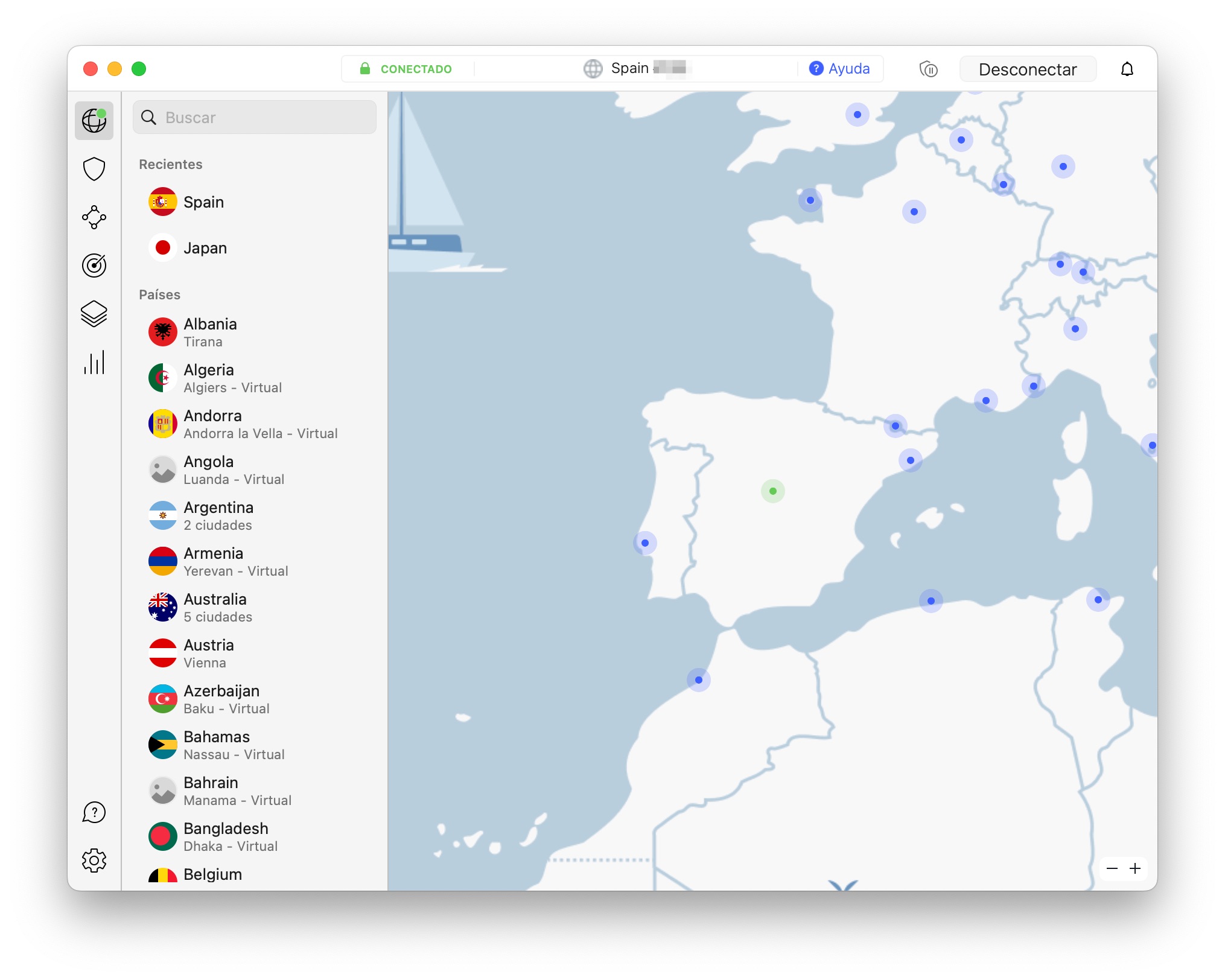 Lista de servidores de NordVPN, conectado a uno de Madrid