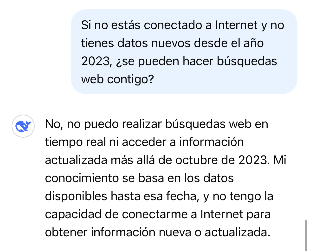 DeepSeek se anuncia como que vale para búsquedas, pero lo cierto, es que el propio asistente te dice que eso no es cierto.