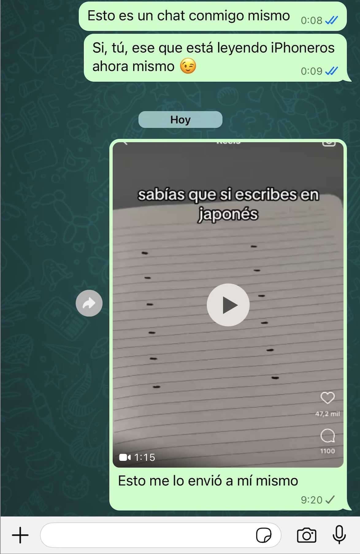 Chat conmigo mismo en WhatsApp. Aquí verás el vídeo que acabas de compartir