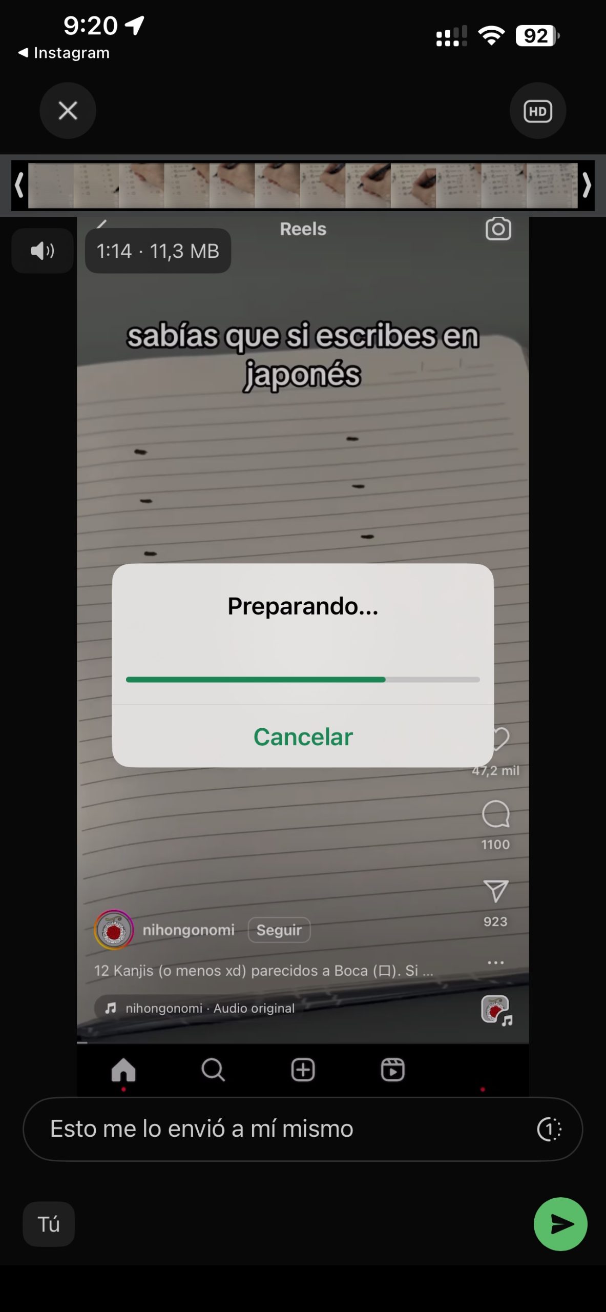 Utilizo el botón de compartir para enviar a WhatsApp. El contacto que utilizo, es el mío, el propio. Estoy compartiendo este vídeo conmigo mismo en WhatsApp