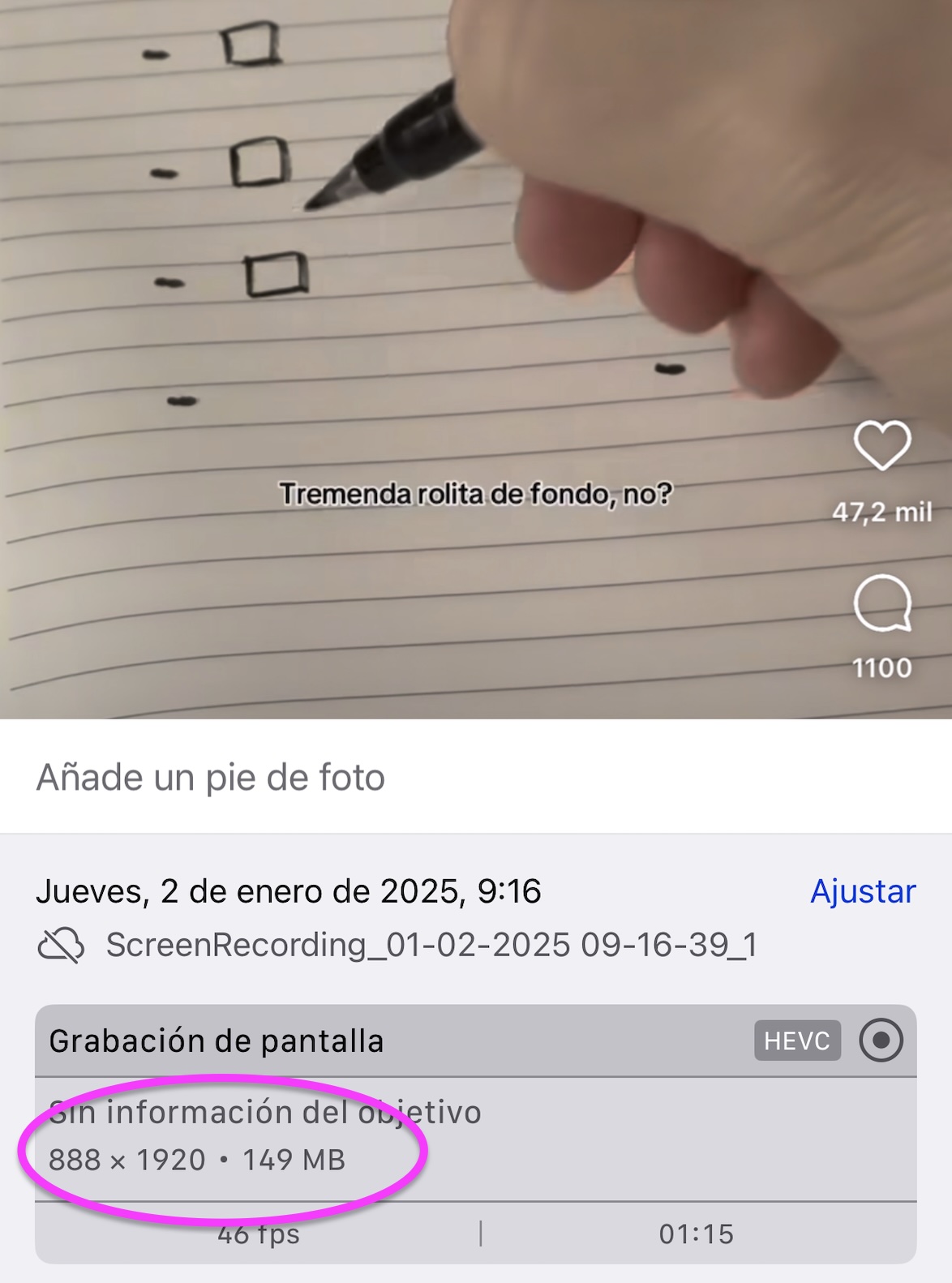 El peso inicial de este vídeo con una captura de pantalla es de 149 Megabytes. Vamos a intentar reducir ese peso rápidamente, porque no se trata de algo importante en el que la calidad sea una prioridad