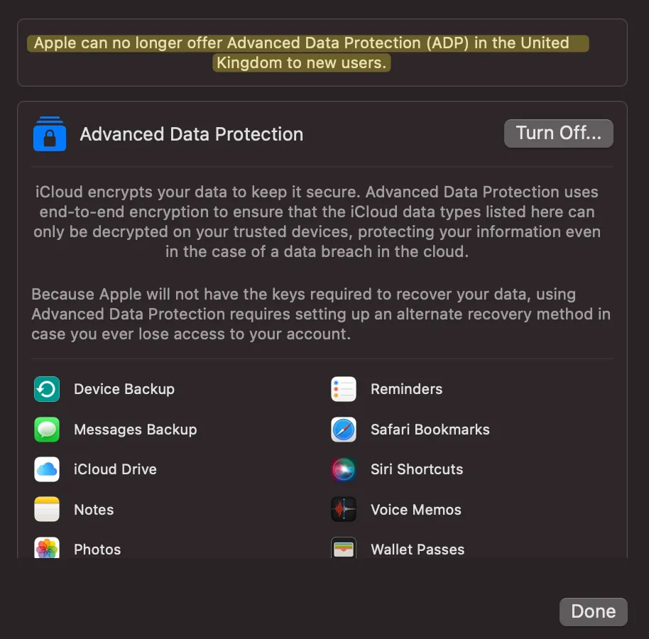 Apple avisa que no se puede activar la protección de datos avanzada en el Reino Unido