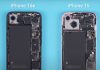 Comparación del iPhone 16e con el iPhone 15 por dentro. La batería del iPhone 16e es bastante más grande, principalmente porque gana el espacio que no ocupa la segunda cámara trasera