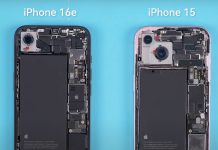 Comparación del iPhone 16e con el iPhone 15 por dentro. La batería del iPhone 16e es bastante más grande, principalmente porque gana el espacio que no ocupa la segunda cámara trasera