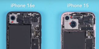Comparación del iPhone 16e con el iPhone 15 por dentro. La batería del iPhone 16e es bastante más grande, principalmente porque gana el espacio que no ocupa la segunda cámara trasera