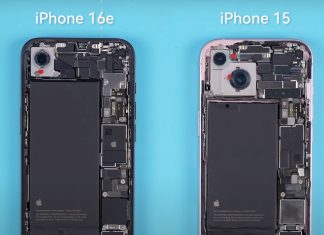Comparación del iPhone 16e con el iPhone 15 por dentro. La batería del iPhone 16e es bastante más grande, principalmente porque gana el espacio que no ocupa la segunda cámara trasera