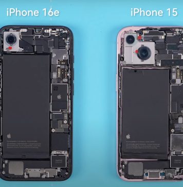 Comparación del iPhone 16e con el iPhone 15 por dentro. La batería del iPhone 16e es bastante más grande, principalmente porque gana el espacio que no ocupa la segunda cámara trasera