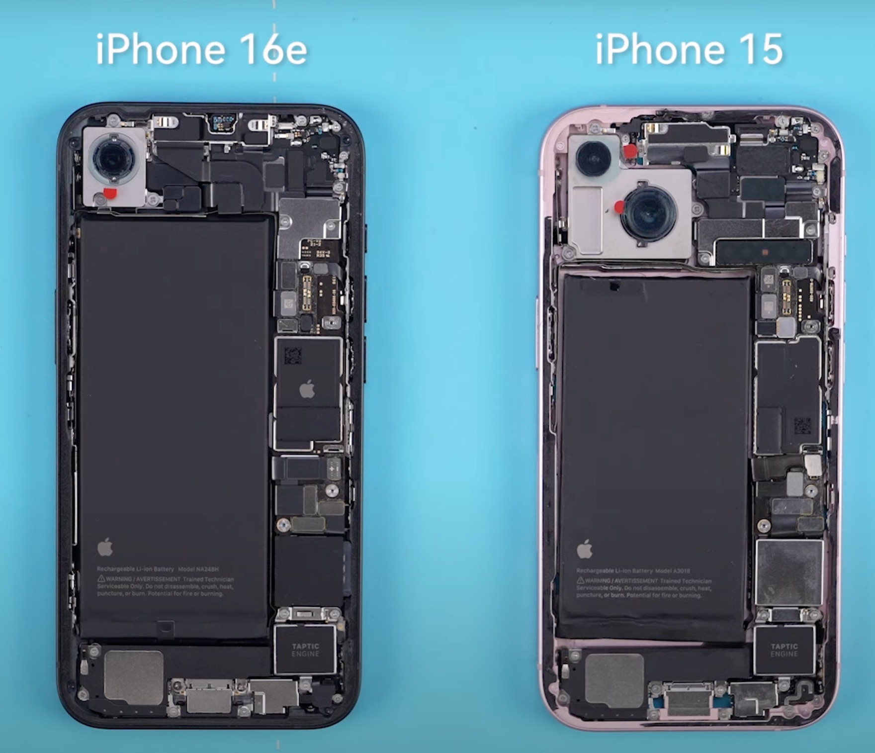 Comparación del iPhone 16e con el iPhone 15 por dentro. La batería del iPhone 16e es bastante más grande, principalmente porque gana el espacio que no ocupa la segunda cámara trasera