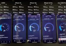 Prueba de velocidad del módem C1 del iPhone 16e