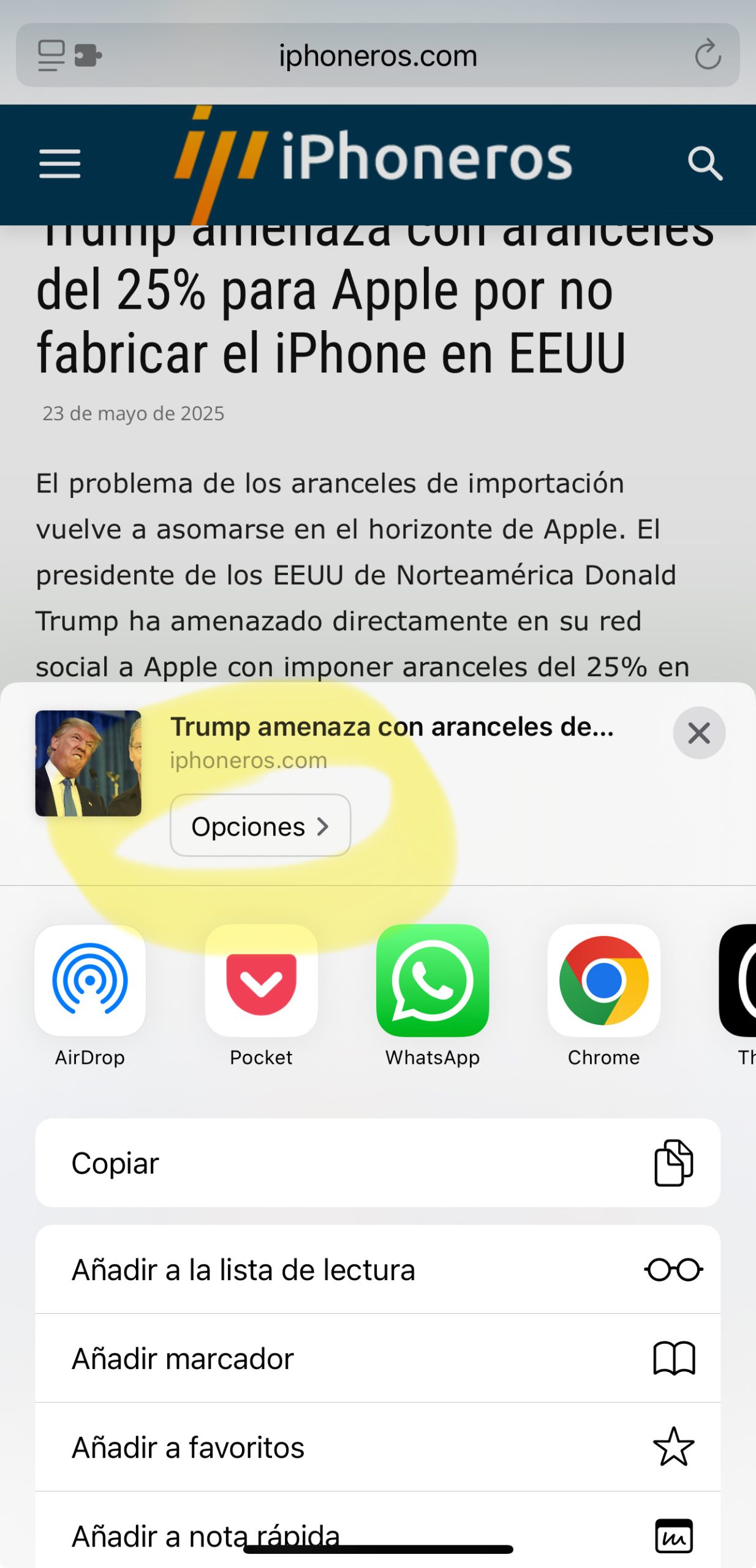 Botón de Opciones al compartir una web