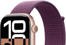 Apple Watch Series 10 en color oro rosa con correa loop deportiva en color ciruela, caja de 46 mm