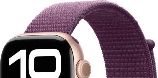 Apple Watch Series 10 en color oro rosa con correa loop deportiva en color ciruela, caja de 46 mm