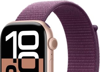 Apple Watch Series 10 en color oro rosa con correa loop deportiva en color ciruela, caja de 46 mm