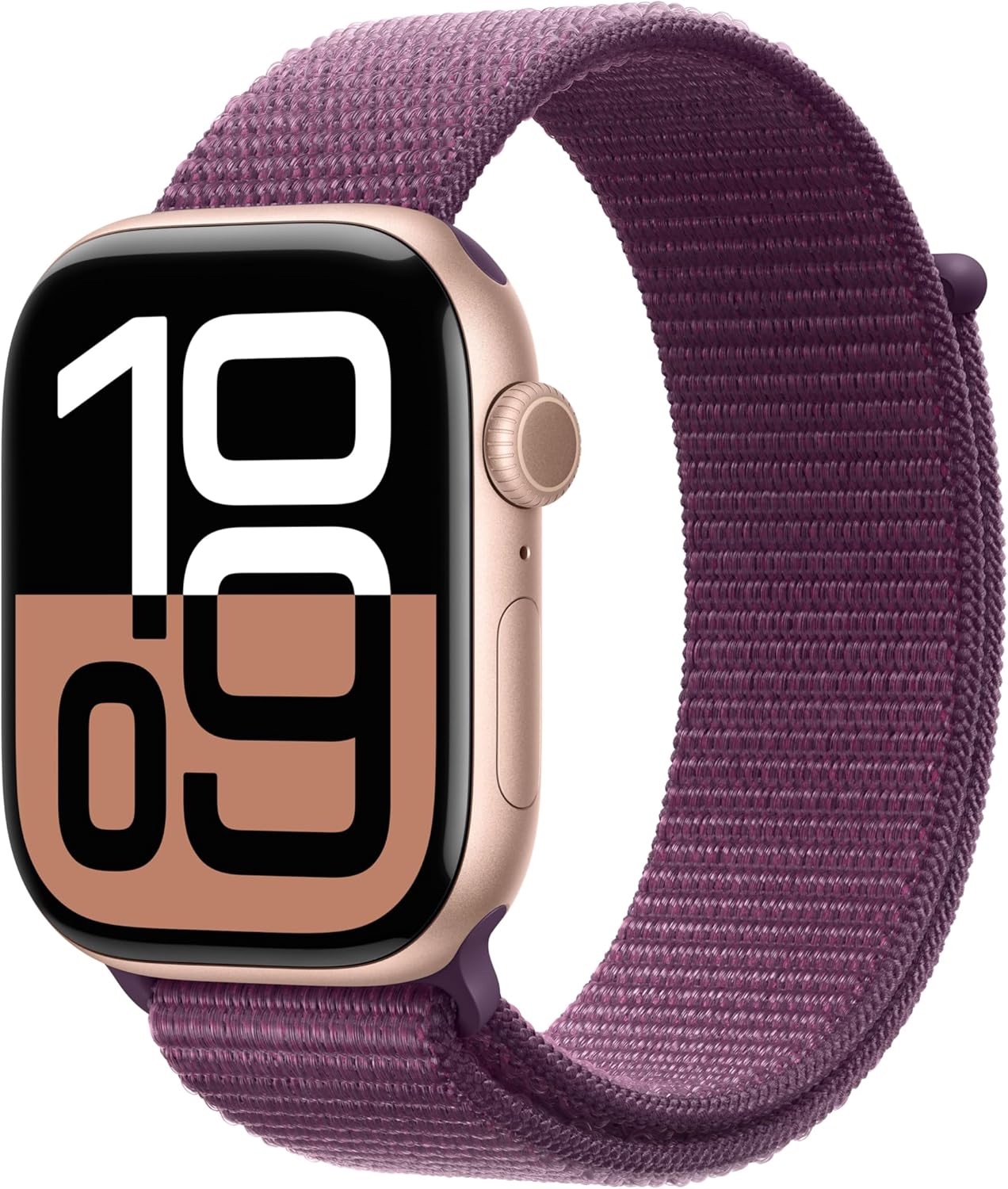 Apple Watch Series 10 en color oro rosa con correa loop deportiva en color ciruela, caja de 46 mm