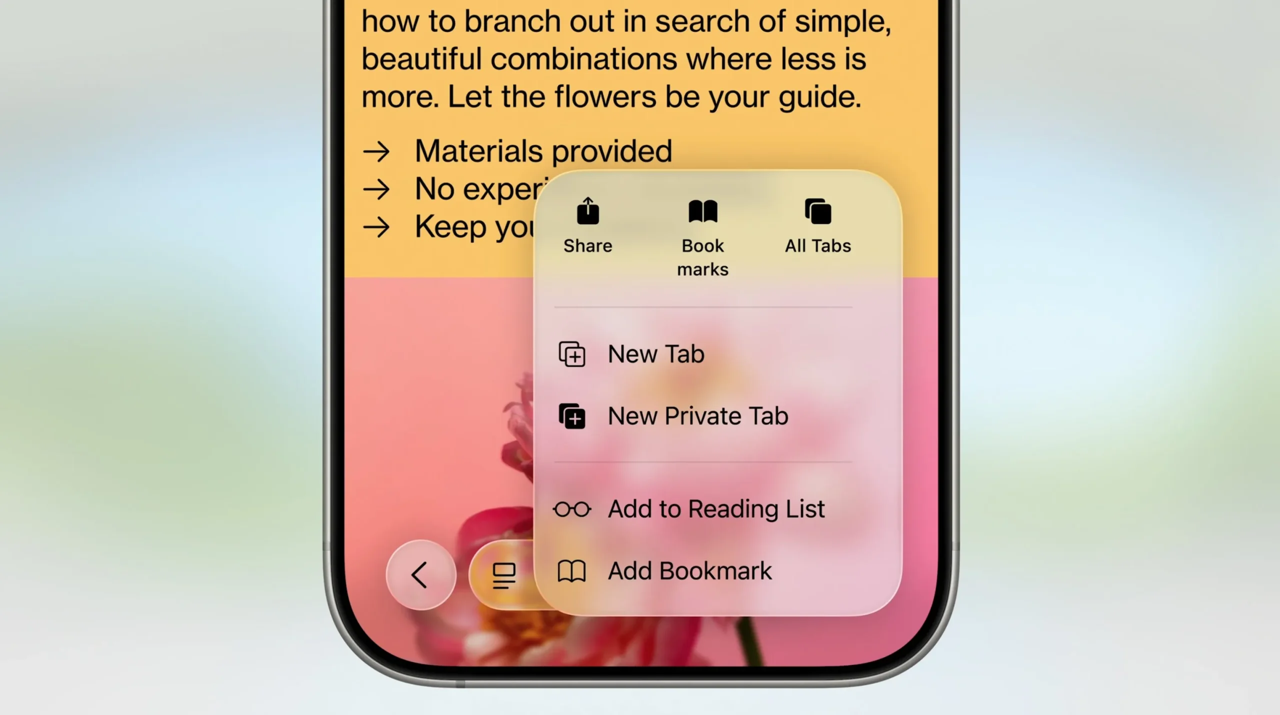 Liquid Glass en un menú contextual de iOS 26