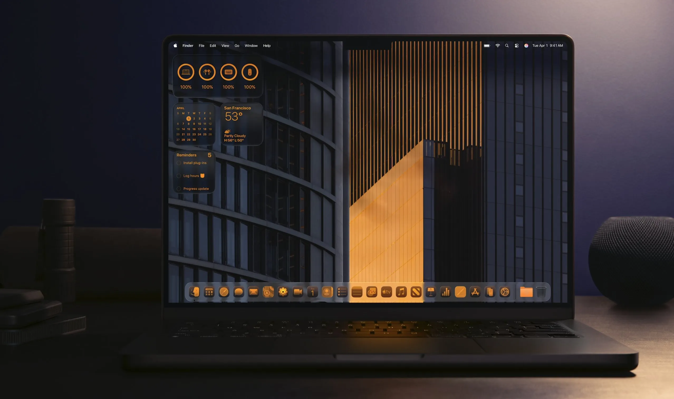 macOS personalizado para ser oscuro, con acentos en naranja
