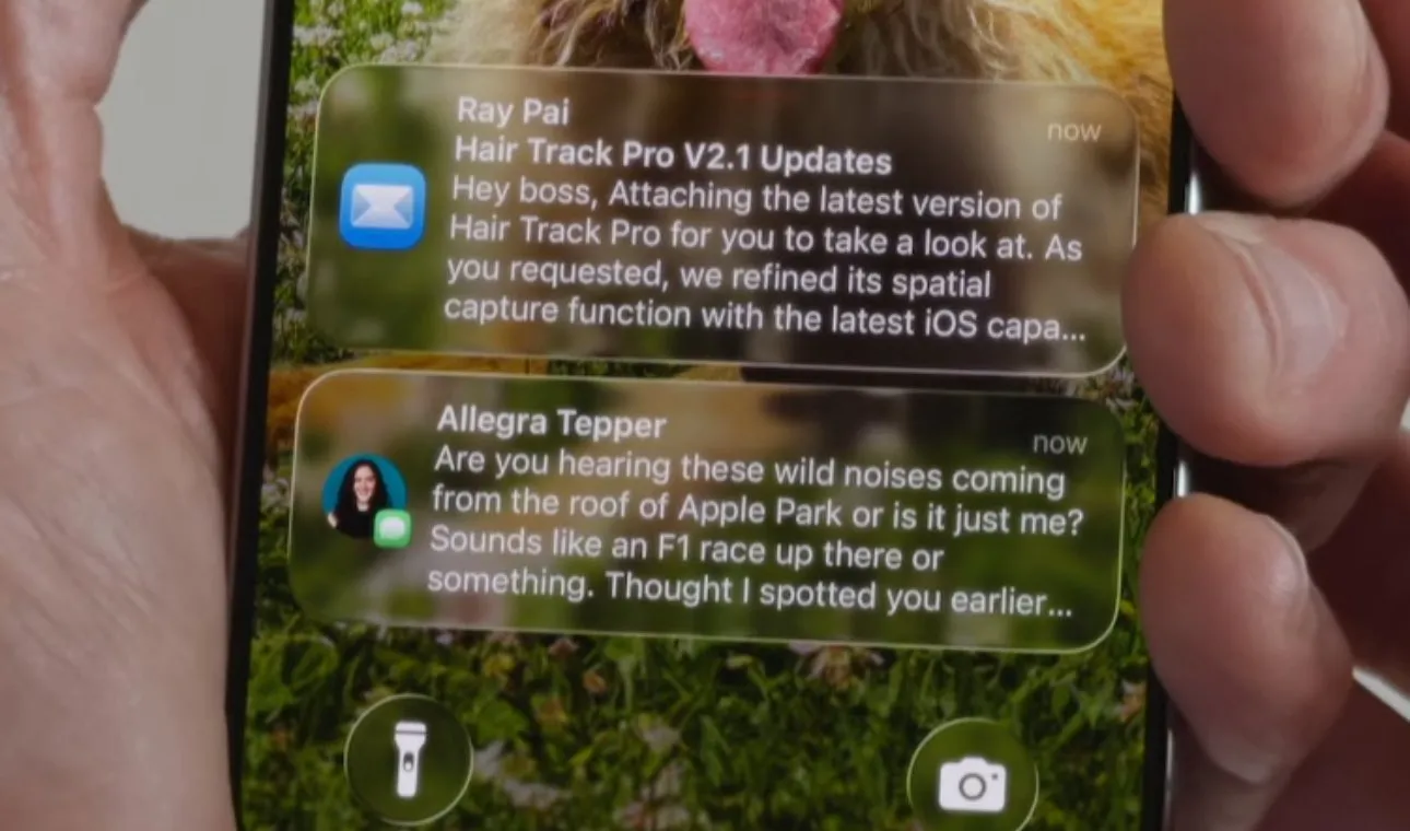 Captura de pantalla del iPhone de Craig Federighi con notificaciones un poco más complicadas de leer que antes