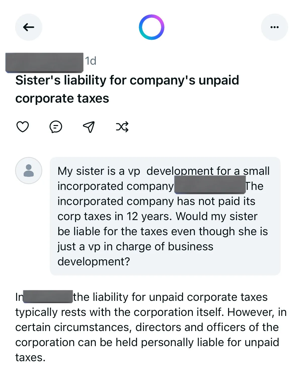 Un usuario pregunta a Meta AI si su hermana podría ser responsable de evasión de impuestos porque en su empresa, en donde es directiva, no ha pagado un impuesto corporativo en doce años. Probablemente esté hablando de sí misma
