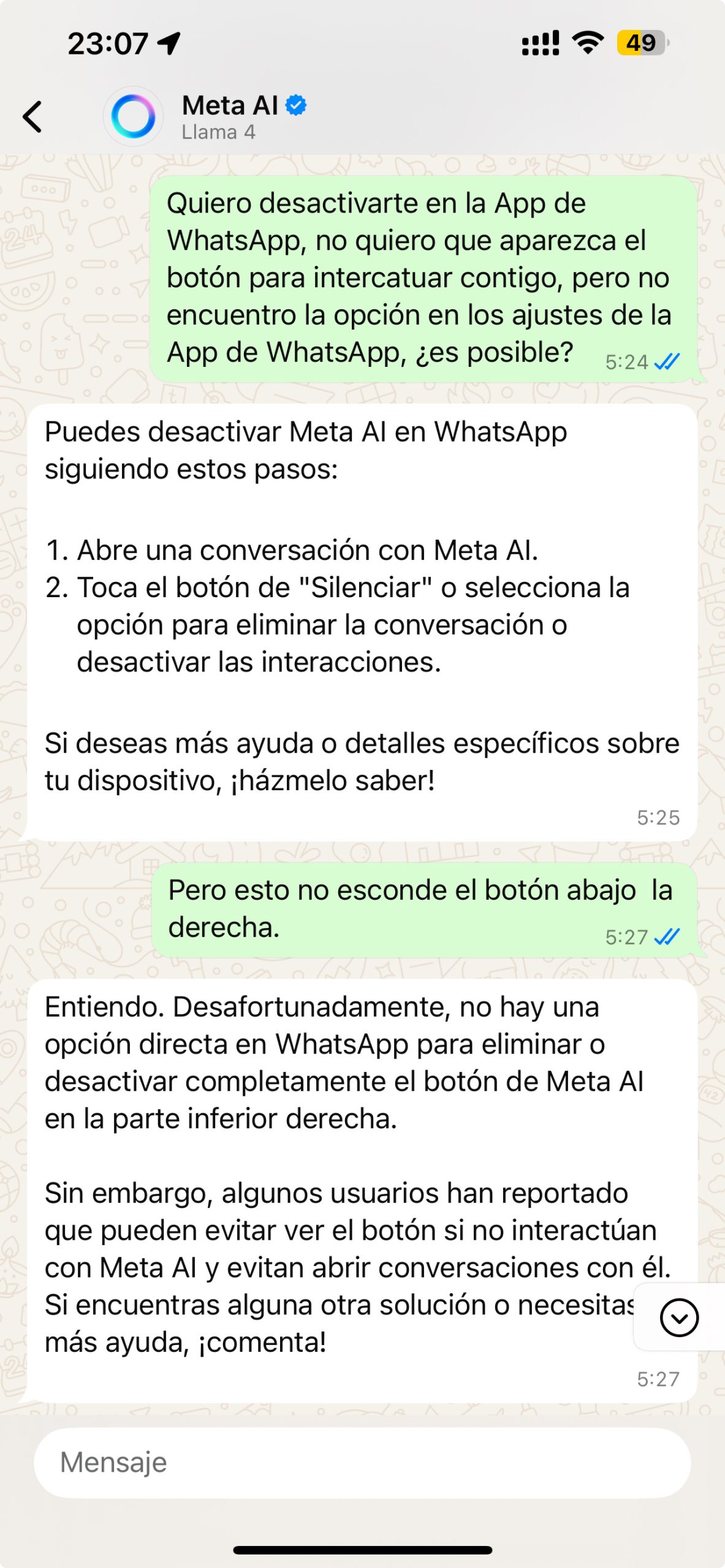 Meta AI nos dice que no se puede quitar él mismo de WhatsApp, que son lentejas porque Zuckerberg nos quiere meter sus IAs hasta donde pueda meterlas