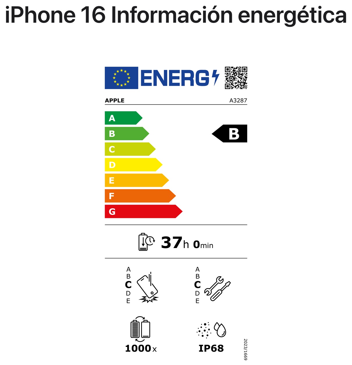 Información de consumo energético del iPhone 16 en la web de Apple