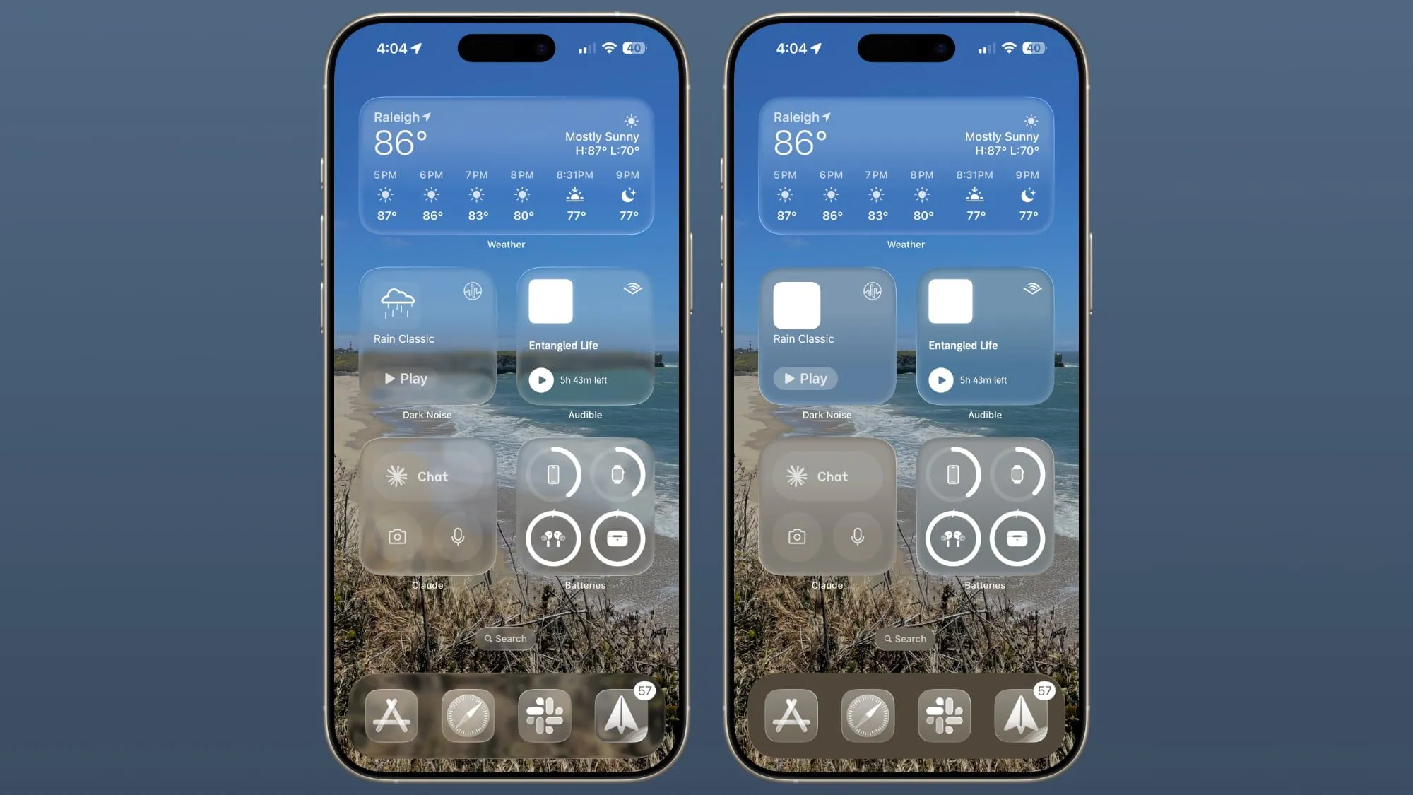 Widgets de cristal con y sin efecto de transparencia en iOS 26