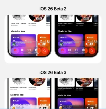 Diferencias en la interfaz Liquid Glass entre iOS 26 beta 2 y beta 3