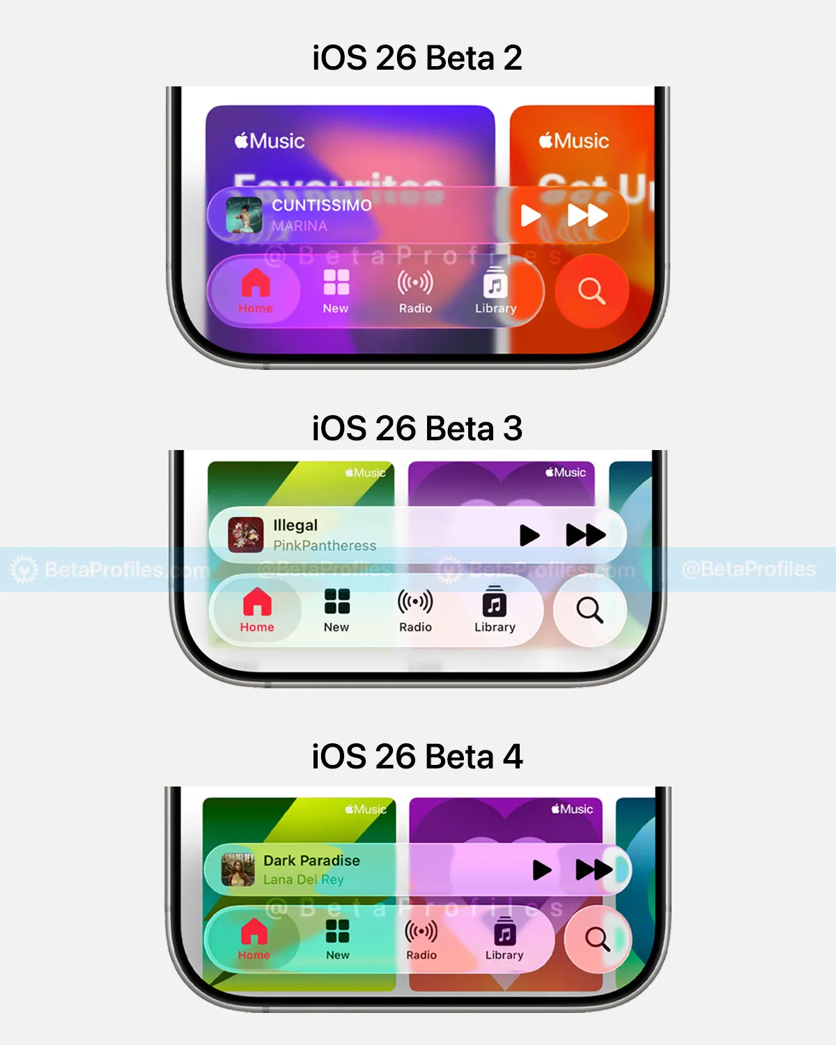 Diferentes estilos de interfaz para Liquid Glass en las últimas tres betas de iOS 26