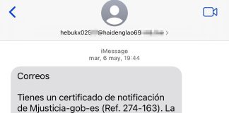 Mensaje de Spam recibido en la App de Mensajes