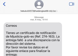 Mensaje de Spam recibido en la App de Mensajes