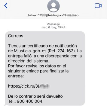 Mensaje de Spam recibido en la App de Mensajes